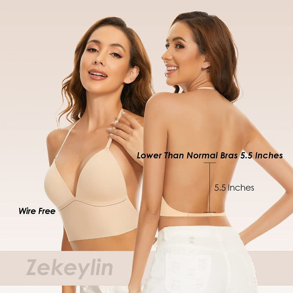 Zekeylin Low Back Bras Sexy Wireless Triangle Strappy Bralette Low Cut Plunge Open Back Halter 2763