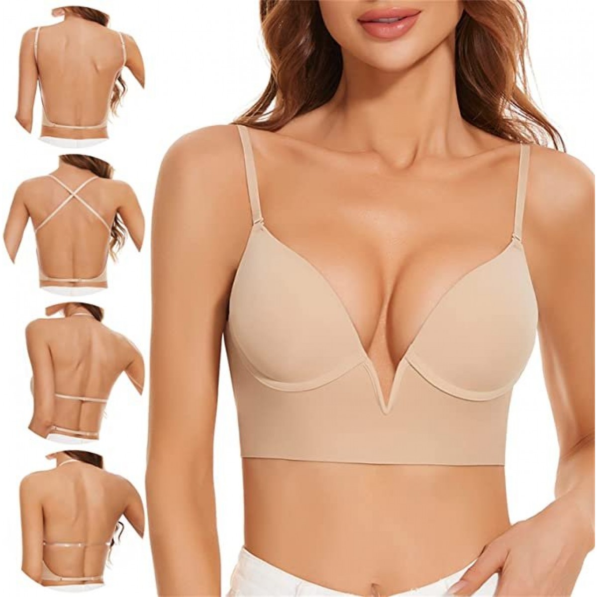 Uoolerp Low Back Bras For Womensexy Deep V Plunge Invisible Backless Brasseamless Low Cut 8252